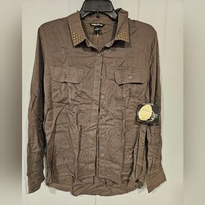 Vintage Millenium Button Down Rayon Shirt Studded Collar Brown Large Long-Sleeve